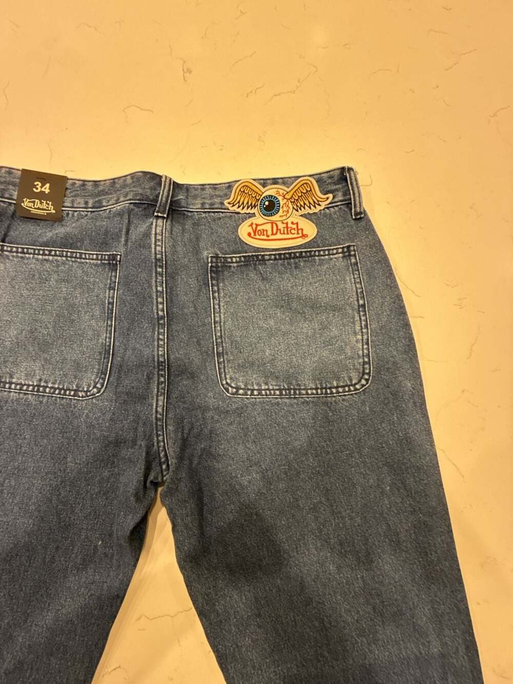Von Dutch Originals Blue Denim Carpenter Jeans With Flying Eyeball Patch Size 34